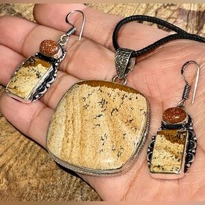 Sunstone & Picture Jasper Pendant & Earrings Set